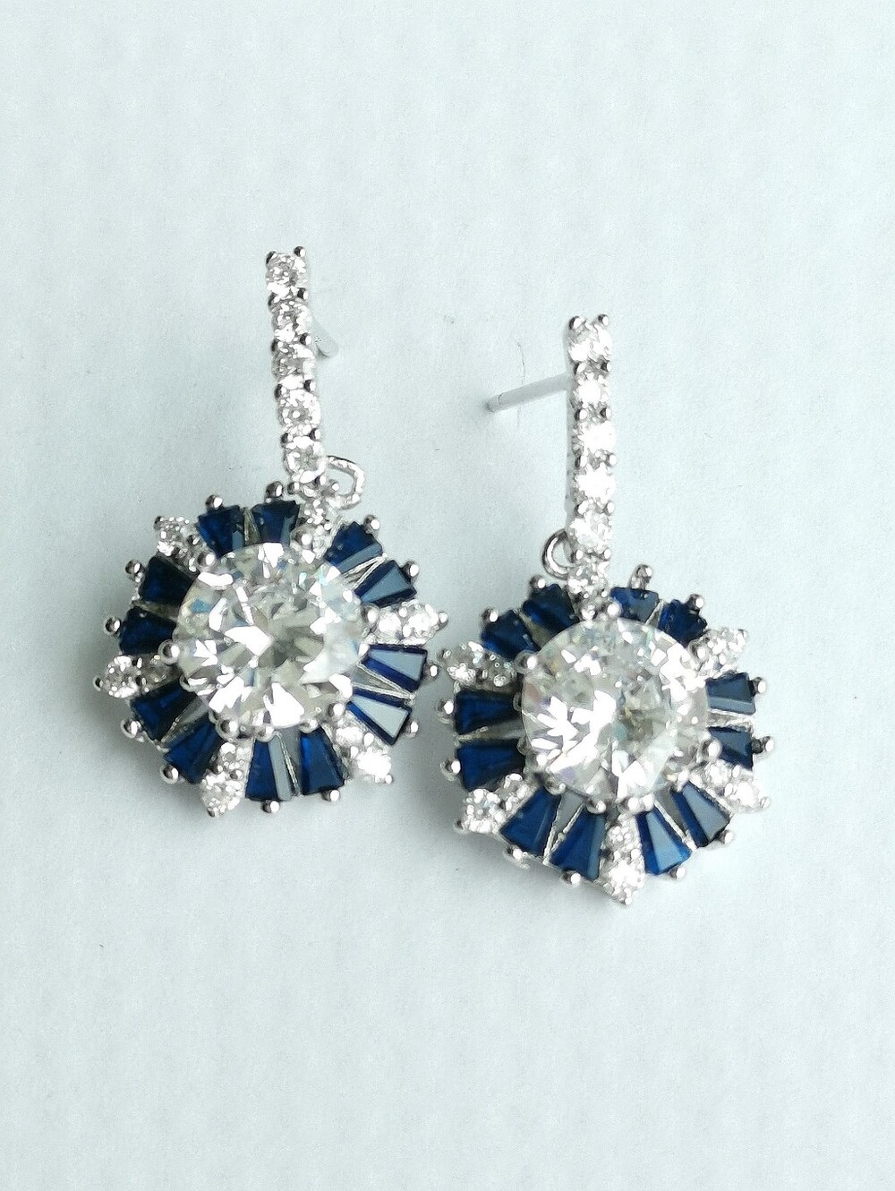 Blue Sapphire CZ halo Dangle earrings in Sterling Silver 🆕